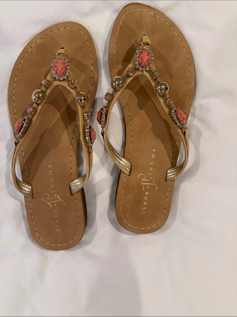 Ivanka Trump Gold and Coral Jeweled T-Strap Sandals